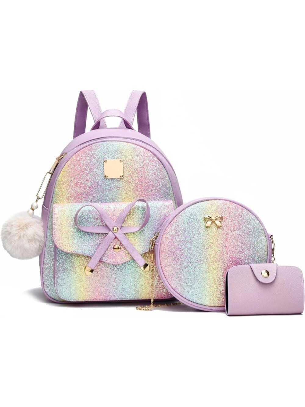 Women Glitter Purple PU Leather lightweight Fahsion 3-Piec Backpack Shoulder Bag